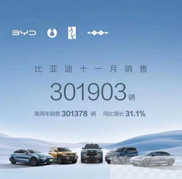 比亚迪11月销量30.19万辆，方程豹、仰望品牌迎来交付